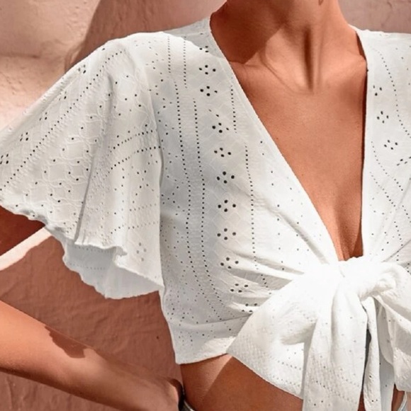 Boho Gypsy Eyelet Butterfly Sleeve Open Front Self Tie Crop Top - Picture 7 of 8